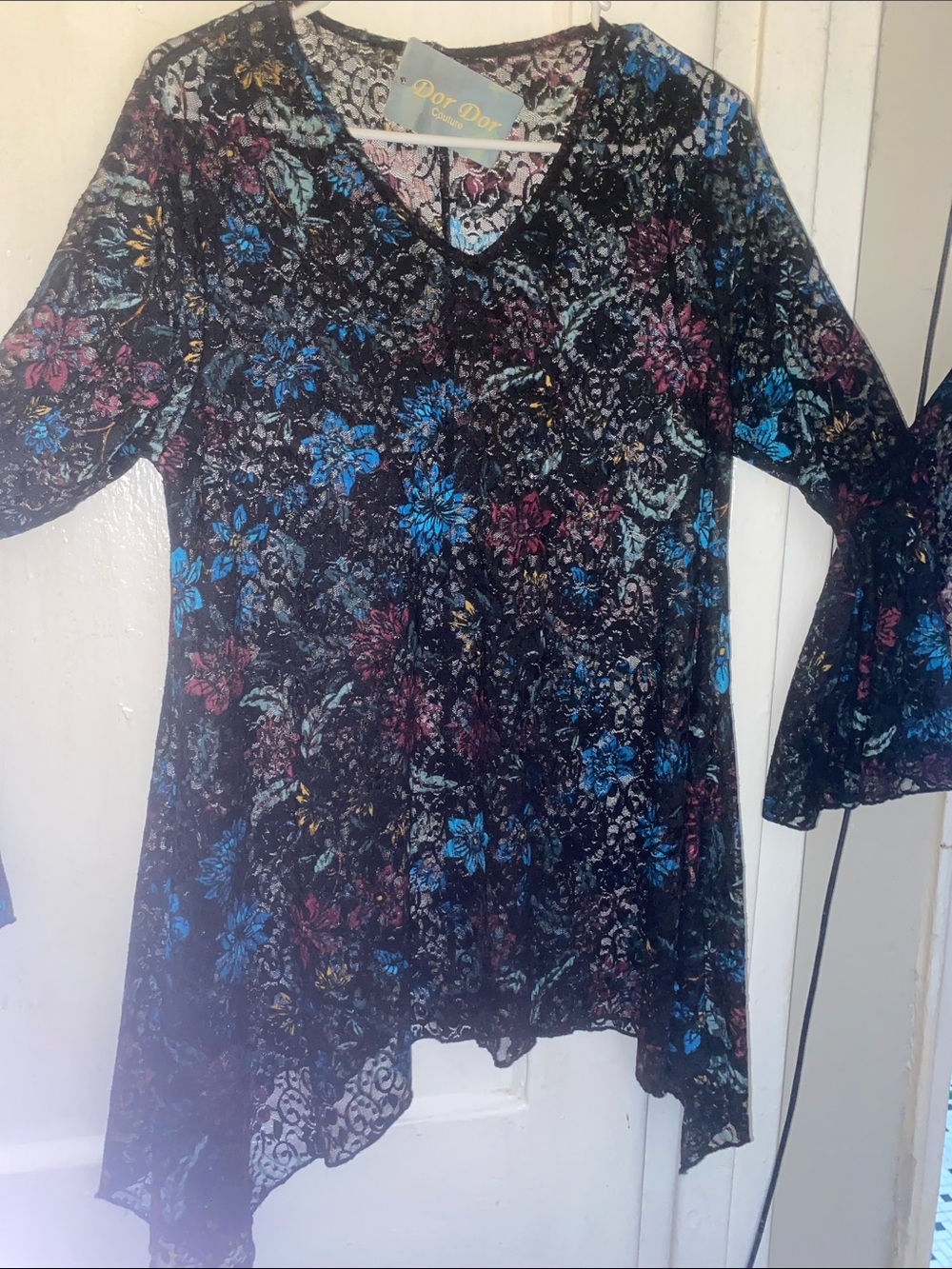 Dor Dor Couture Floral Lace V‑Neck Tunic in Black with Blue & Pink Floral Print